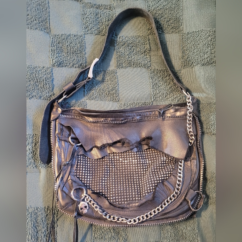 Studded Black Shoulder Bag with Chain Accent